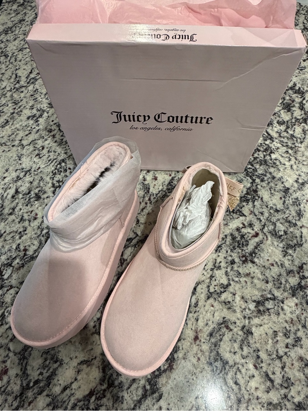 Juicy Couture Women's Plush Short Slipper Boots in Pale Pink